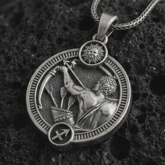 Oxidized Sagittarius zodiac pendant necklace on textured volcanic rock, close-up studio shot highlighting the archer figure, bow and arrow, sun detail, and antique silver contrast.