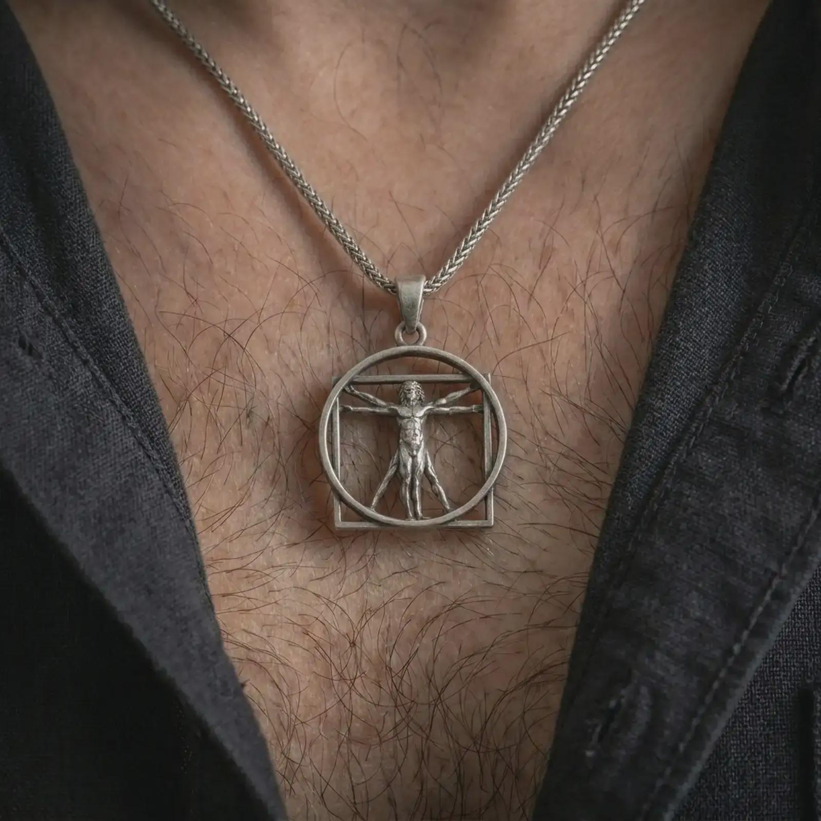 Oxidized Vitruvian Man pendant necklace worn on the chest, close-up lifestyle jewelry photo showing the Leonardo da Vinci art pendant on a spiga chain with dark clothing.