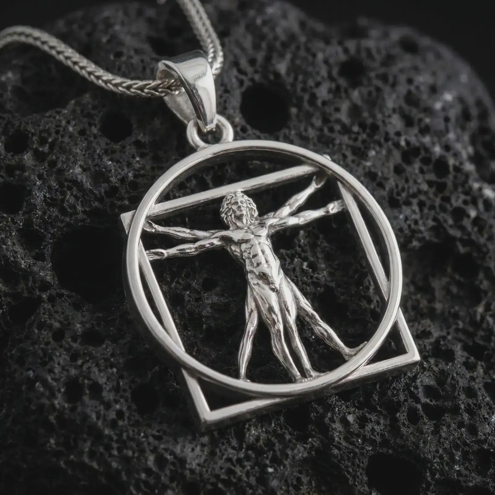 Polished silver Vitruvian Man pendant necklace on textured volcanic rock, centered macro jewelry photo with detailed anatomical figure relief and bright silver highlights.