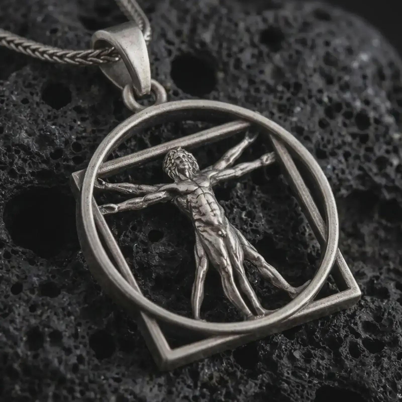 Oxidized Vitruvian Man pendant necklace on textured volcanic rock, close-up studio shot highlighting the Leonardo da Vinci figure, circular frame, geometric square outline, and antique silver contrast.