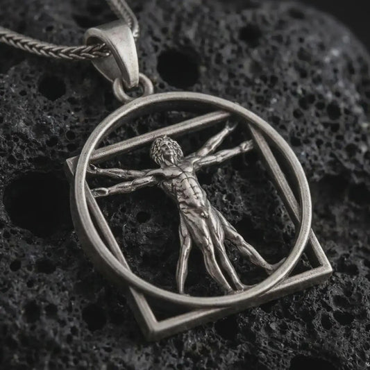 Oxidized Vitruvian Man pendant necklace on textured volcanic rock, close-up studio shot highlighting the Leonardo da Vinci figure, circular frame, geometric square outline, and antique silver contrast.