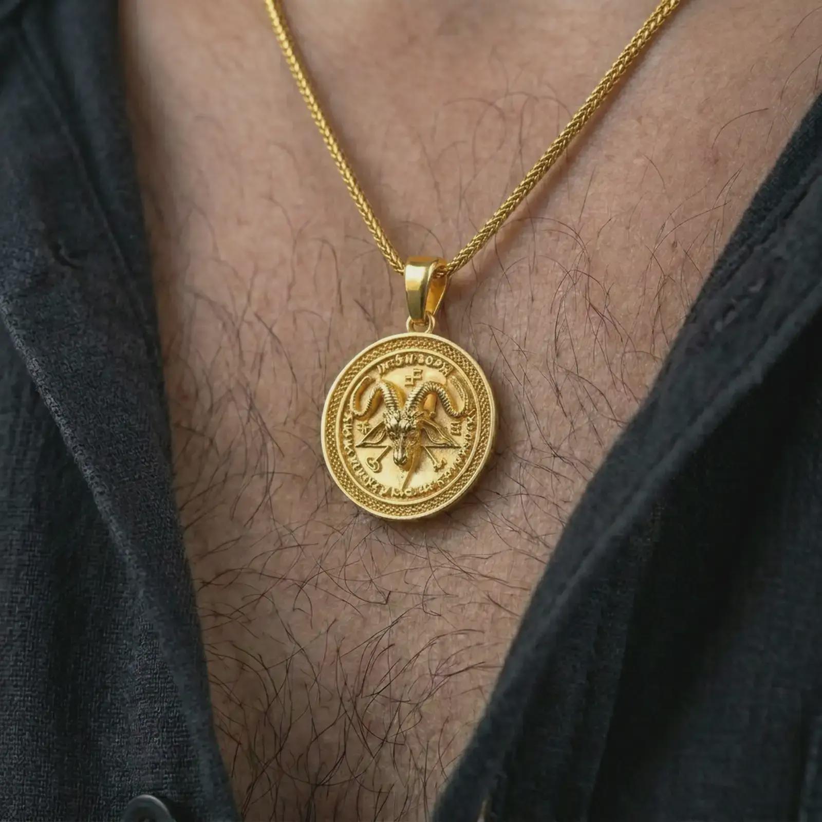 Gold plated Baphomet pendant necklace worn on the chest, premium lifestyle jewelry photo with the pentagram goat pendant centered on a spiga chain.
