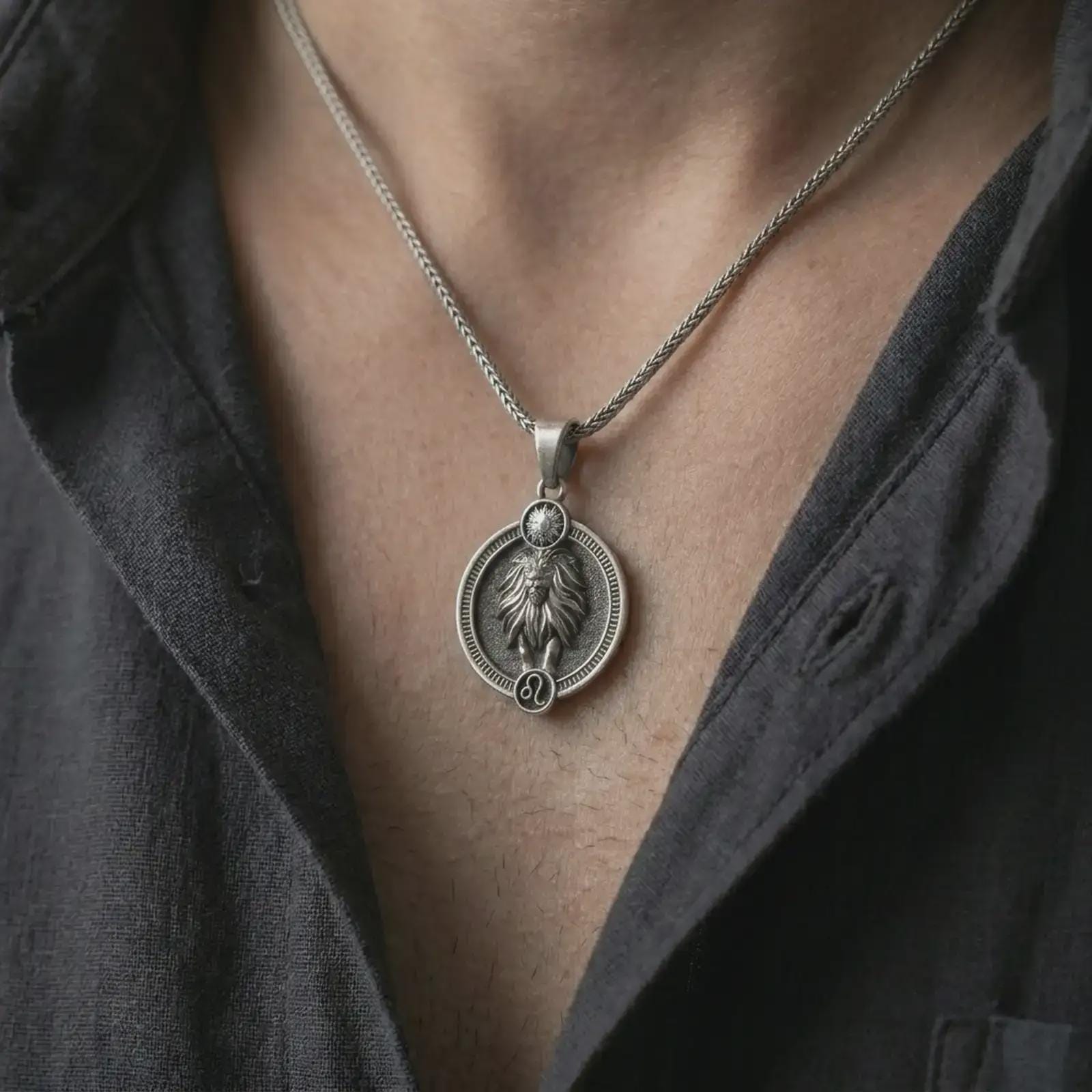 Oxidized Leo zodiac pendant necklace worn on the chest, close-up lifestyle jewelry photo showing the lion astrology medallion on a spiga chain with dark clothing.