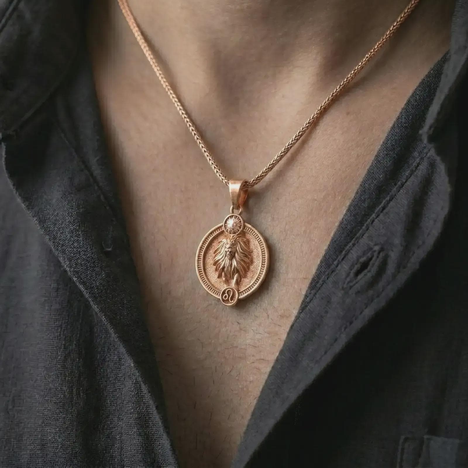Rose gold plated Leo zodiac pendant necklace worn on the chest, close-up lifestyle shot featuring the confident Leo zodiac design with warm rose gold tones.