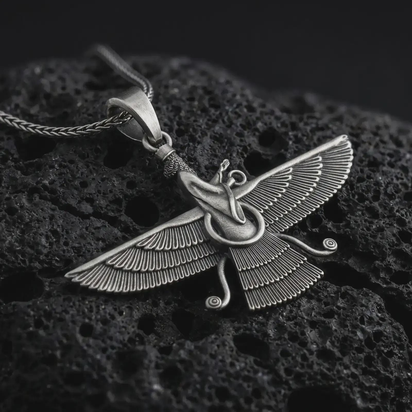 Oxidized Faravahar pendant necklace on textured volcanic rock, close-up studio shot highlighting the winged guardian figure, Zoroastrian symbol, feather details, and antique silver contrast.