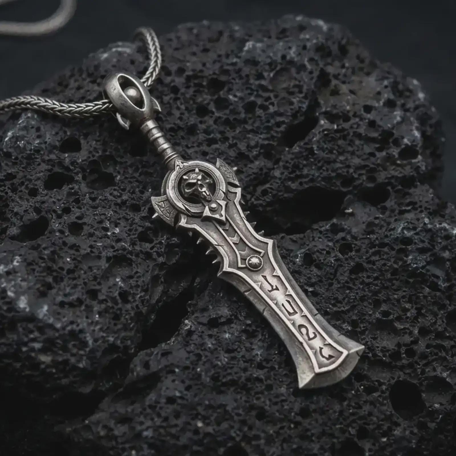 An oxidized demon slayer sword pendant rests on dark volcanic rock in a macro studio close-up, showing a fierce fantasy blade with rune-like details.