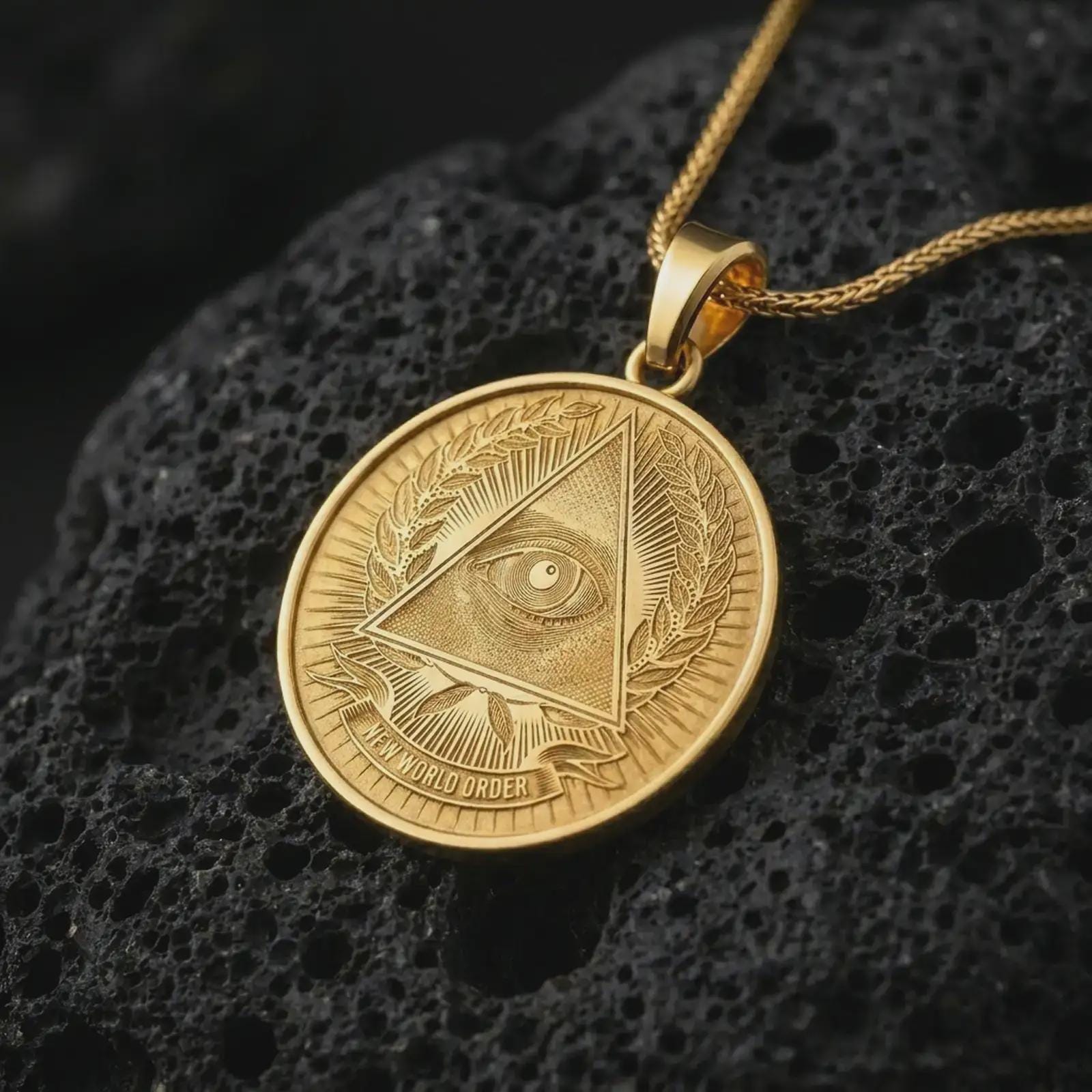 Gold plated all-seeing eye pendant necklace on textured volcanic rock, premium close-up studio composition emphasizing the pyramid eye, laurel details, and symbolic medallion design.