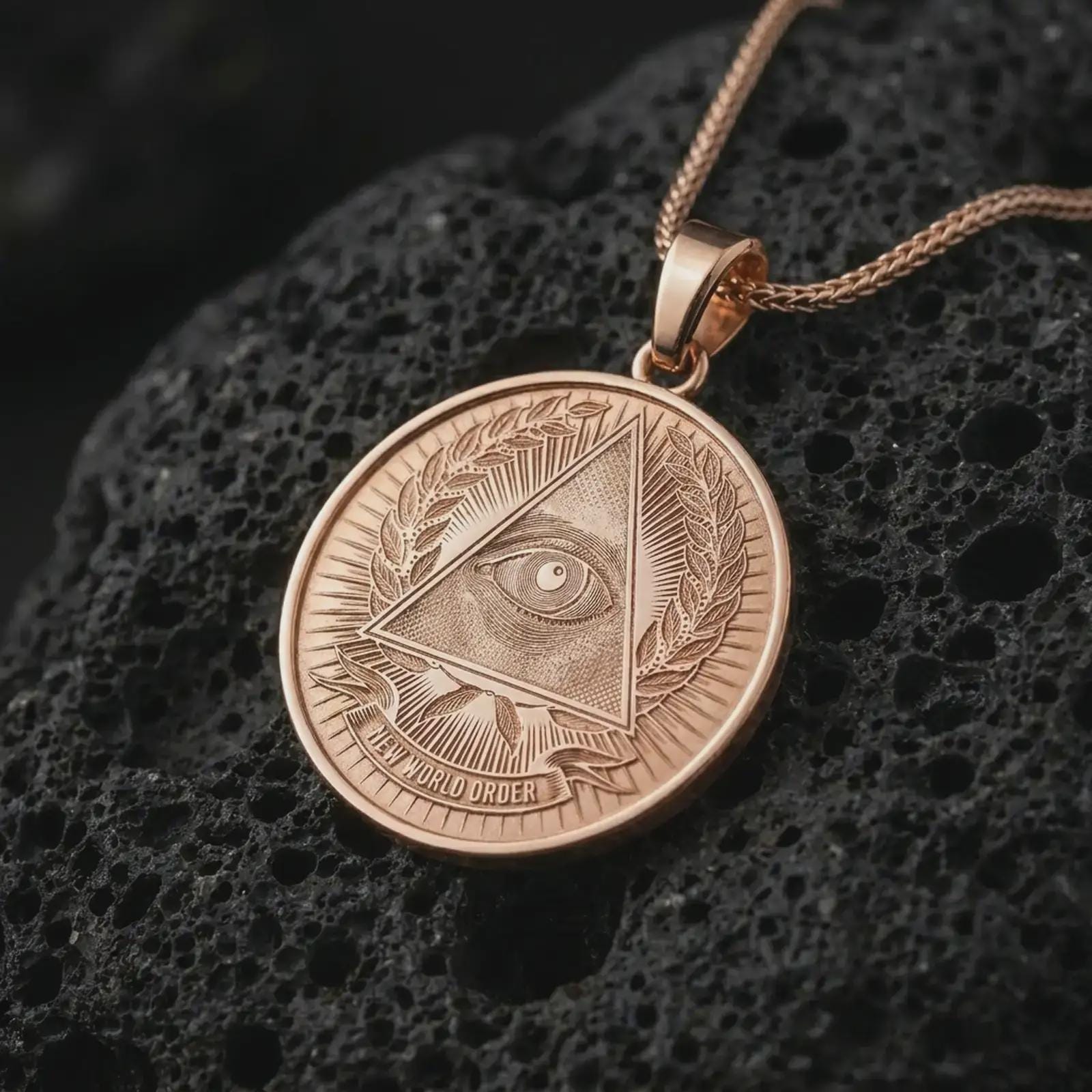 Rose gold plated all-seeing eye pendant necklace on textured volcanic rock, detailed macro product shot with soft warm reflections and mystical eye symbolism.