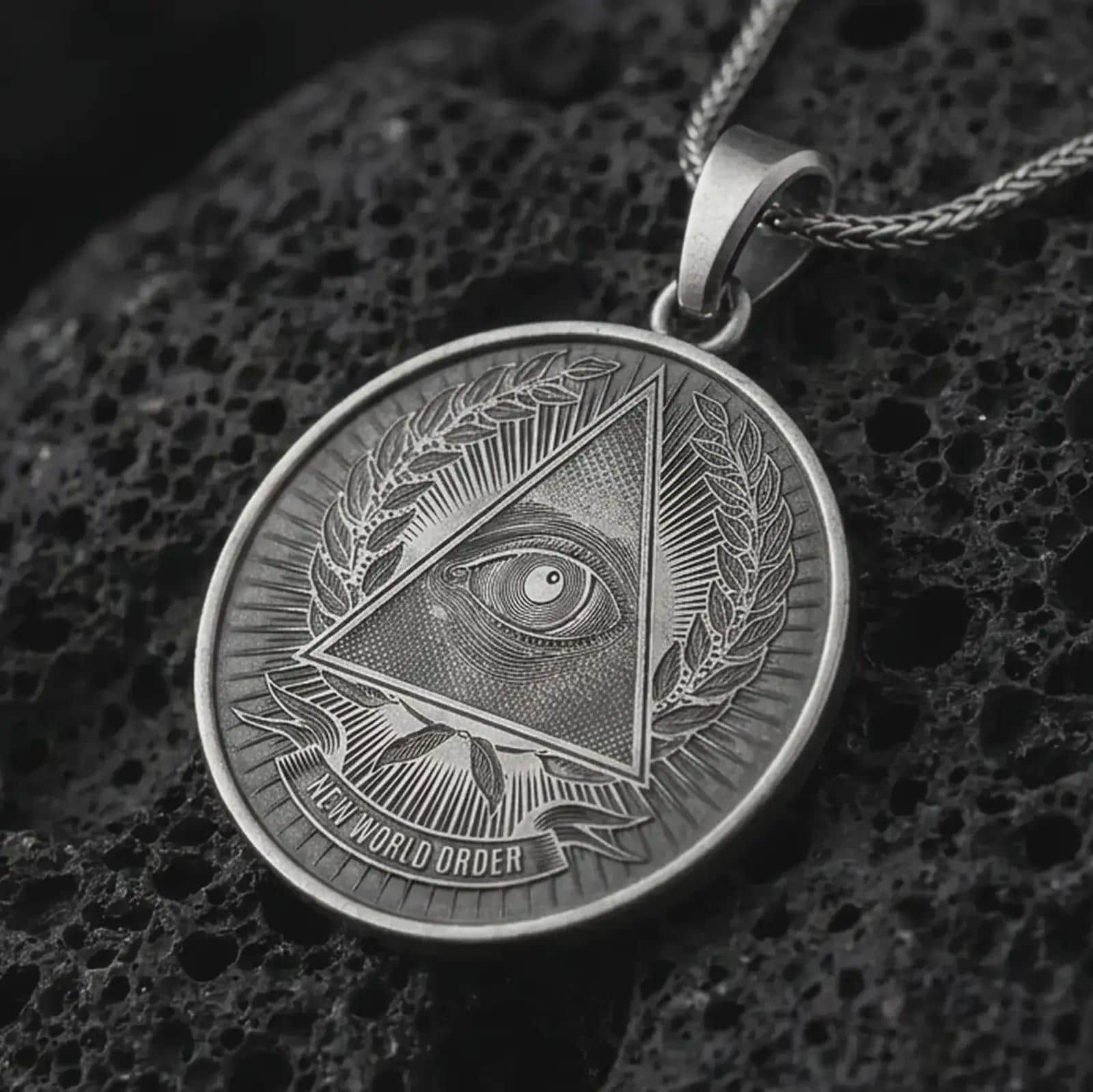 Oxidized all-seeing eye pendant necklace on textured volcanic rock, close-up studio shot highlighting the triangle eye symbol, laurel wreath, radiant background, and antique silver contrast.