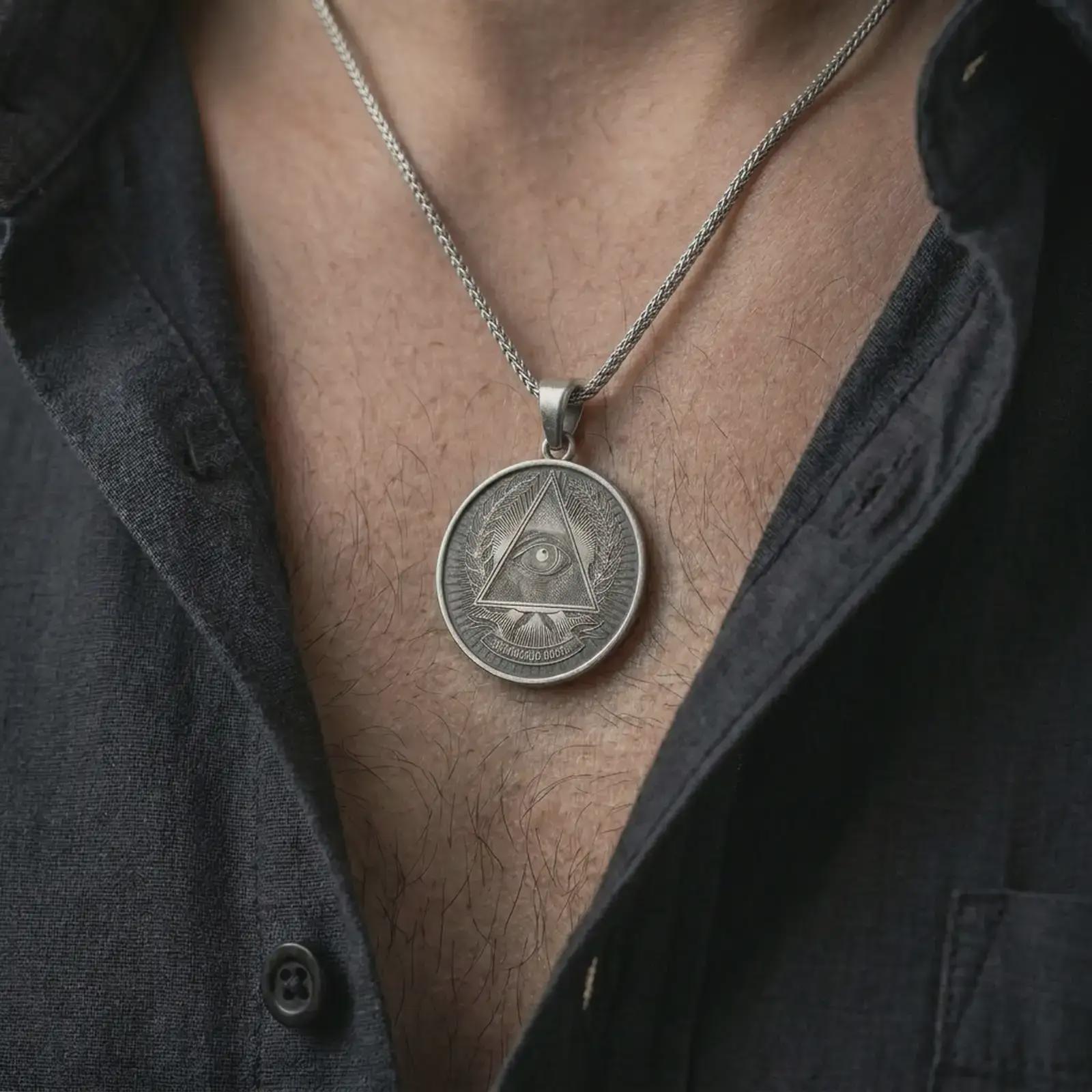 Oxidized all-seeing eye pendant necklace worn on the chest, close-up lifestyle jewelry photo showing the symbolic eye medallion on a spiga chain with dark clothing.