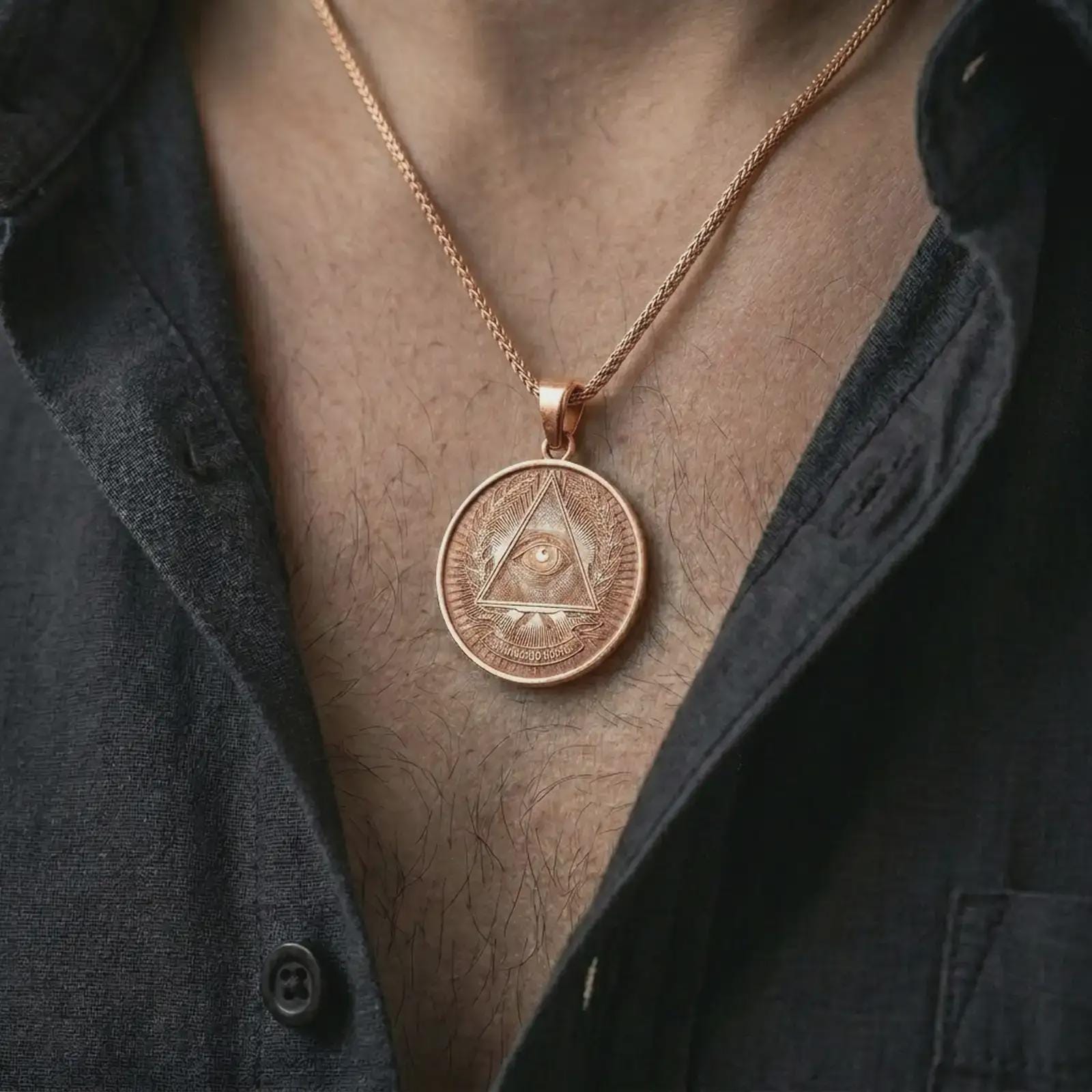 Rose gold plated all-seeing eye pendant necklace worn on the chest, close-up lifestyle shot featuring the mystical all-seeing eye design with warm rose gold tones.