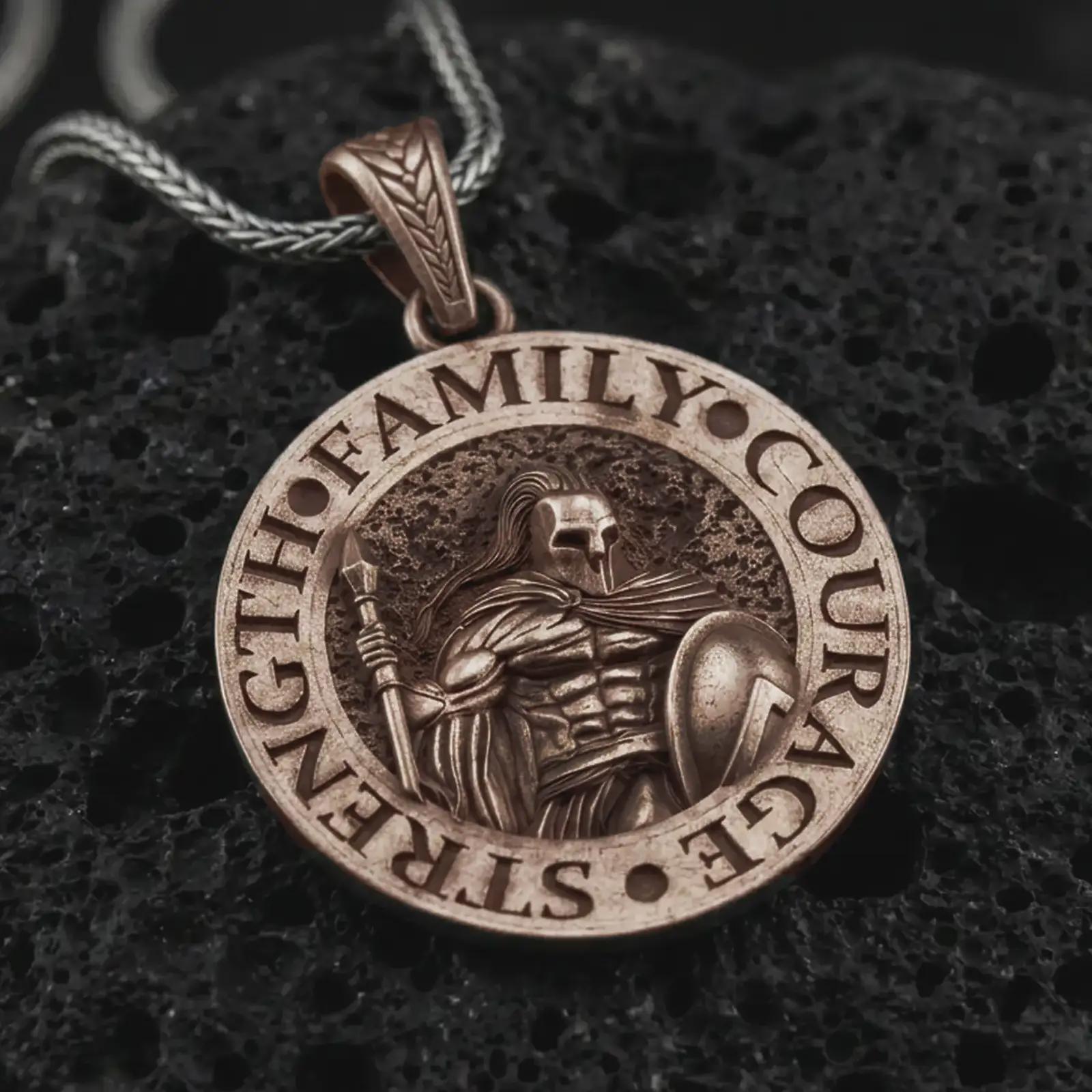 Bronze Spartan warrior pendant necklace on textured volcanic rock, close-up studio shot highlighting the helmeted soldier, spear, shield, strength lettering, and antique silver contrast.