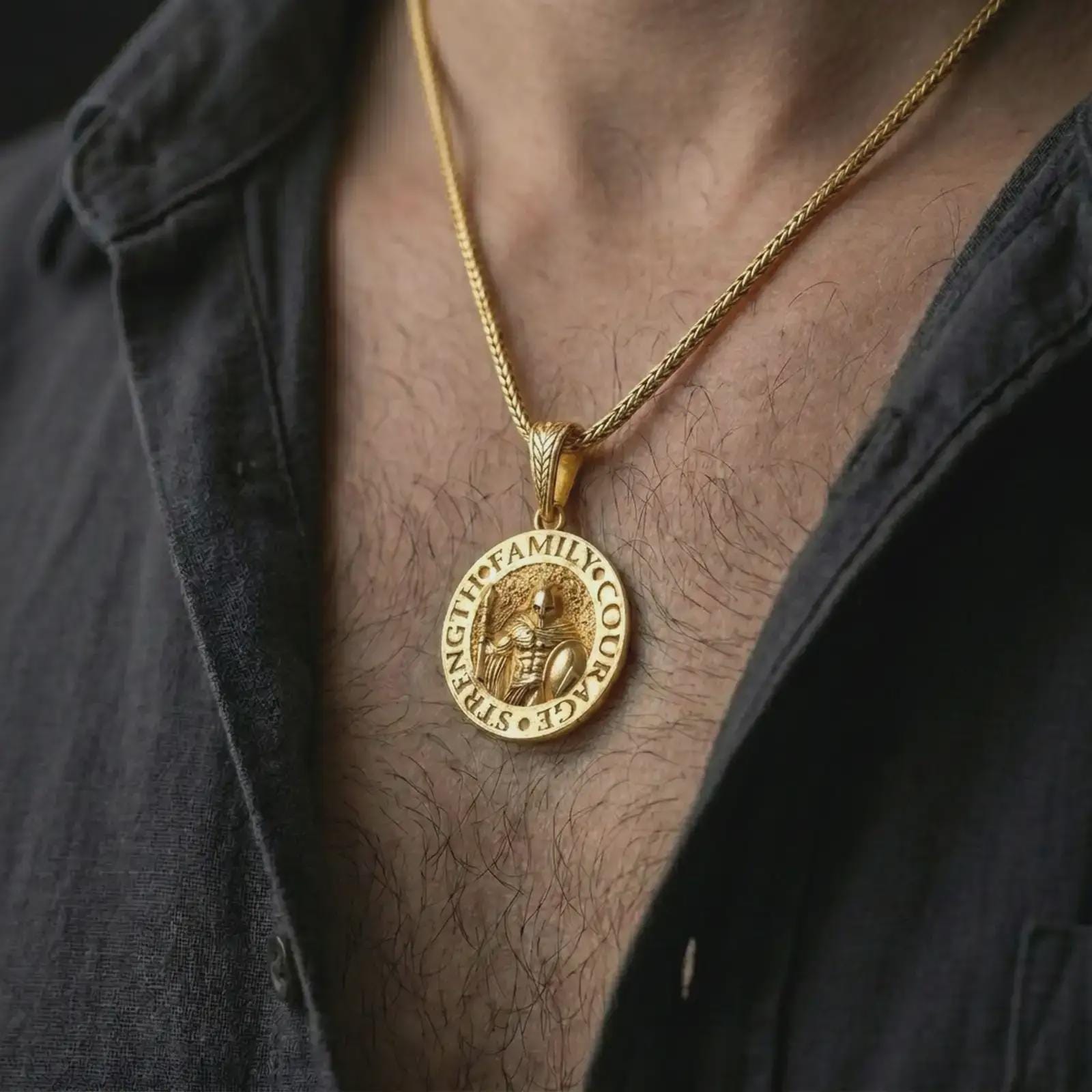 Gold plated Spartan warrior pendant necklace worn on the chest, premium lifestyle jewelry photo with the heroic Spartan medallion centered on a spiga chain.