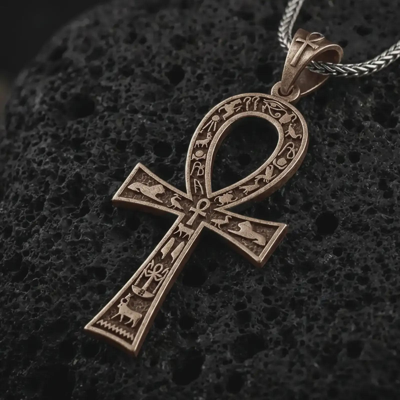 Bronze ankh cross pendant necklace on textured volcanic rock, close-up studio shot highlighting the ancient Egyptian key of life symbol, hieroglyphic details, and antique silver contrast.