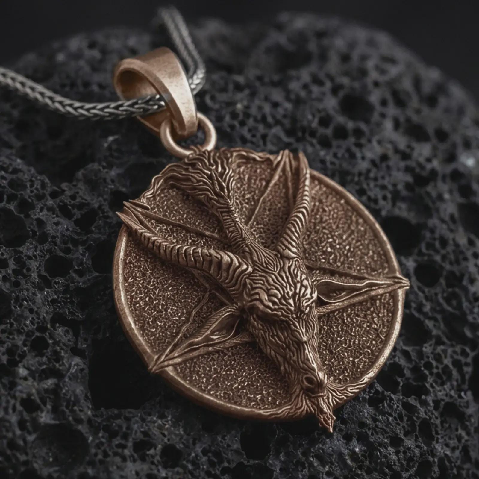 Bronze goat pentagram pendant necklace on textured volcanic rock, close-up studio shot highlighting the horned goat head, five-point star, textured medallion base, and antique silver contrast.