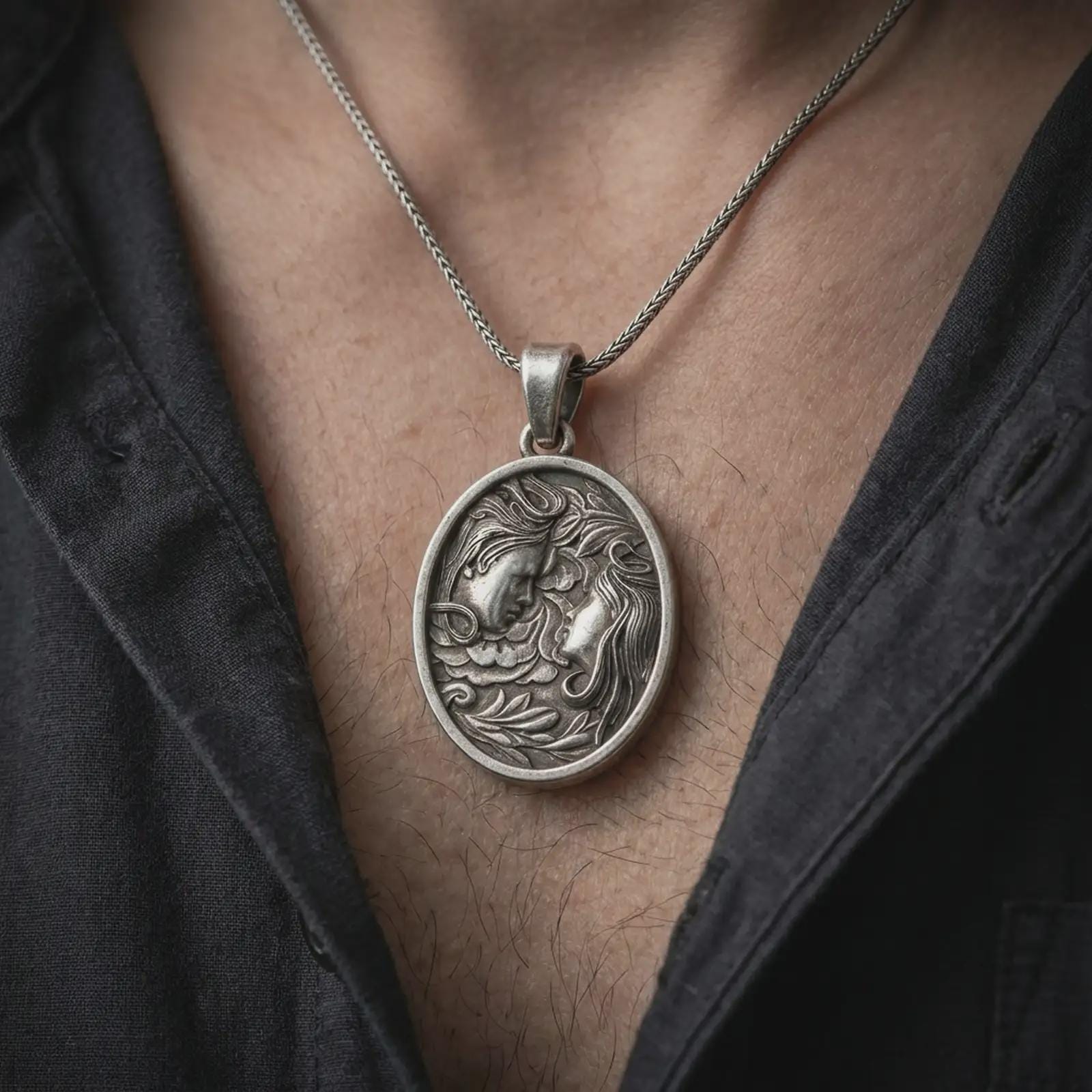 An oxidized Gemini pendant is worn on the neck in a close-up lifestyle shot, centered on the chest as a meaningful twin zodiac symbol.