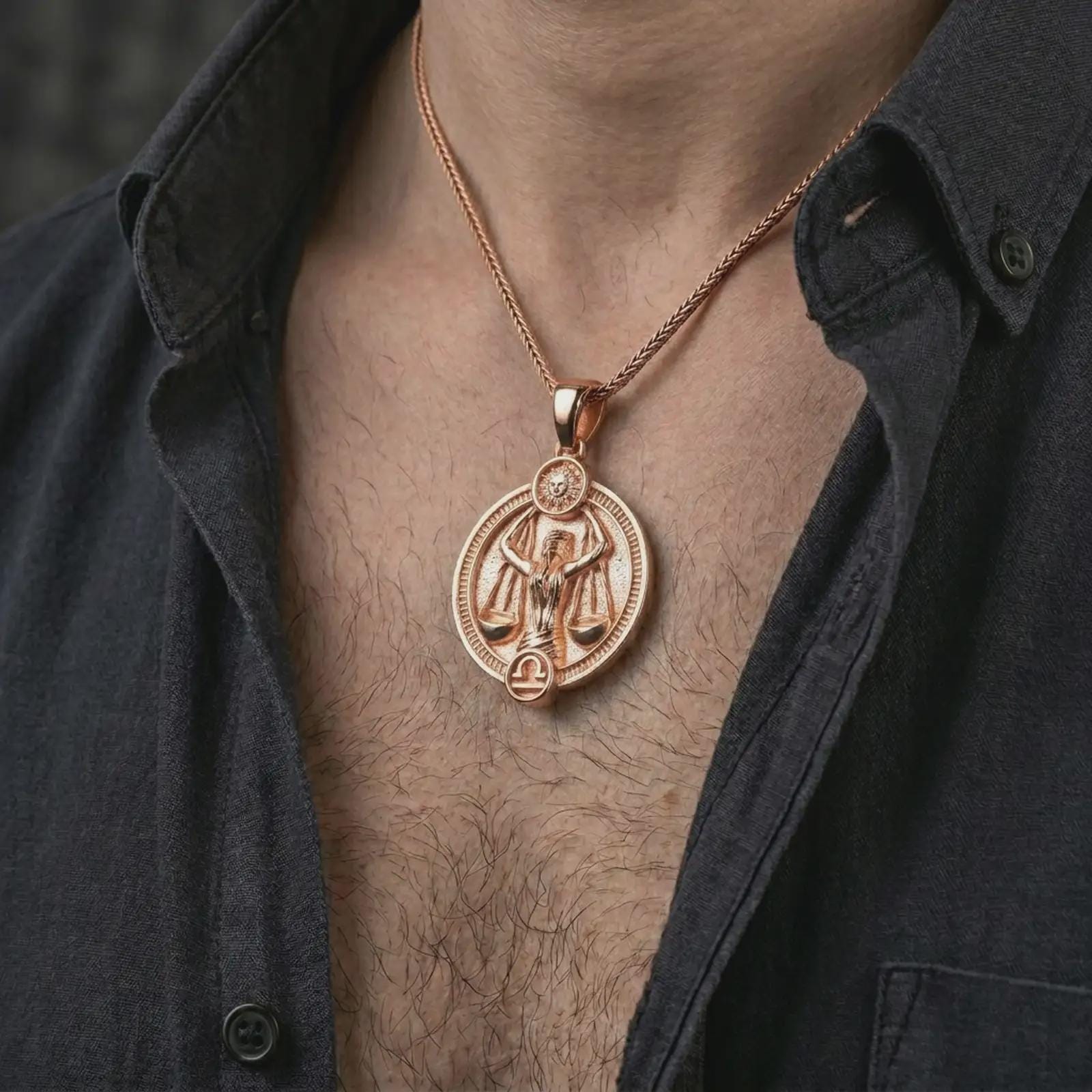 Rose gold plated Libra zodiac pendant necklace worn on the chest, close-up lifestyle shot featuring the balanced zodiac design with warm rose gold tones.
