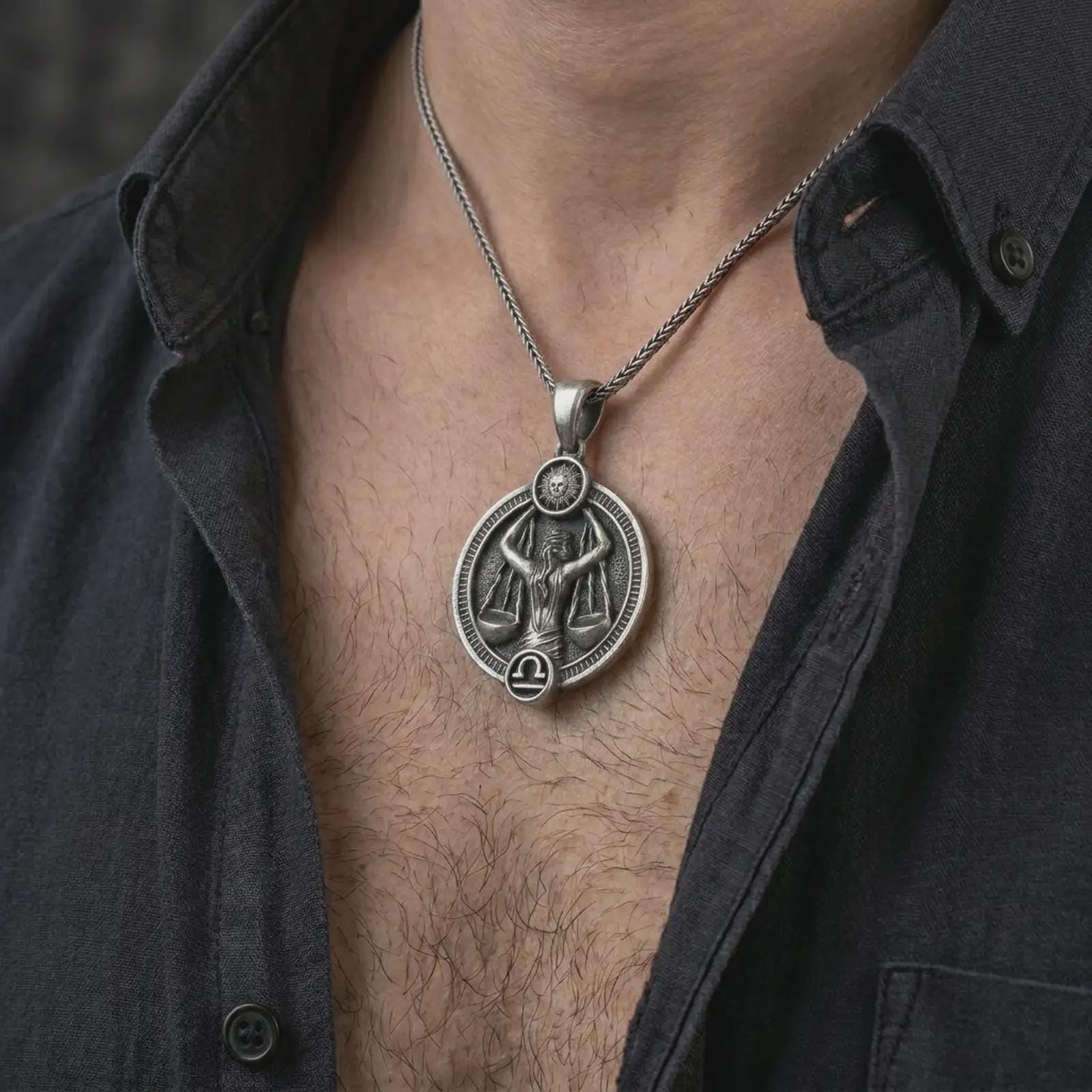 Oxidized Libra zodiac pendant necklace worn on the chest, close-up lifestyle jewelry photo showing the astrology medallion on a spiga chain with dark clothing.