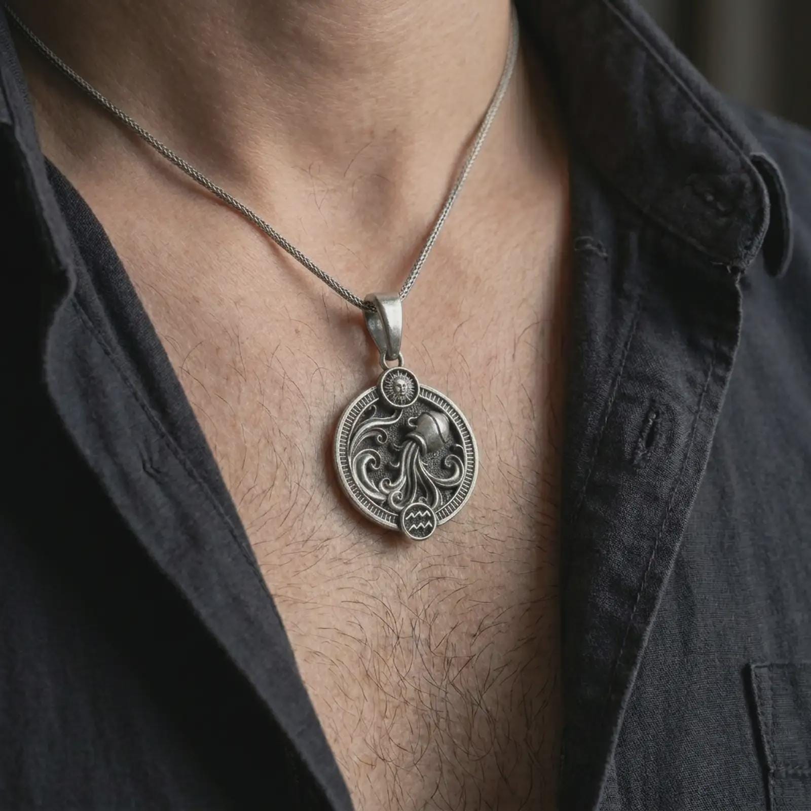 Oxidized Aquarius zodiac pendant necklace worn on the chest, close-up lifestyle jewelry photo showing the astrology medallion on a spiga chain with dark clothing.