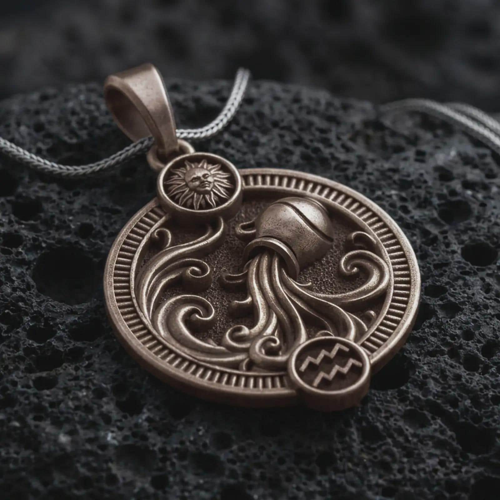 Bronze Aquarius zodiac pendant necklace on textured volcanic rock, close-up studio shot highlighting the water bearer vessel, flowing waves, sun detail, and antique silver contrast.