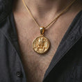 Load image into Gallery viewer, Gold plated Masonic double headed eagle pendant necklace worn on the chest, premium lifestyle jewelry photo with the Scottish Rite pendant centered on a spiga chain.
