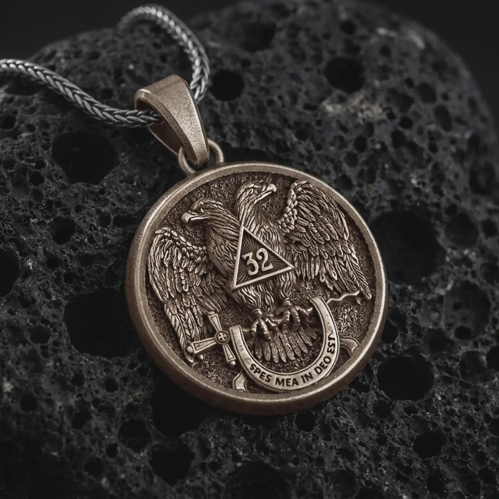 Bronze Masonic double headed eagle pendant necklace on textured volcanic rock, close-up studio shot highlighting the 32nd degree emblem, wings, cross, motto banner, and antique silver contrast.