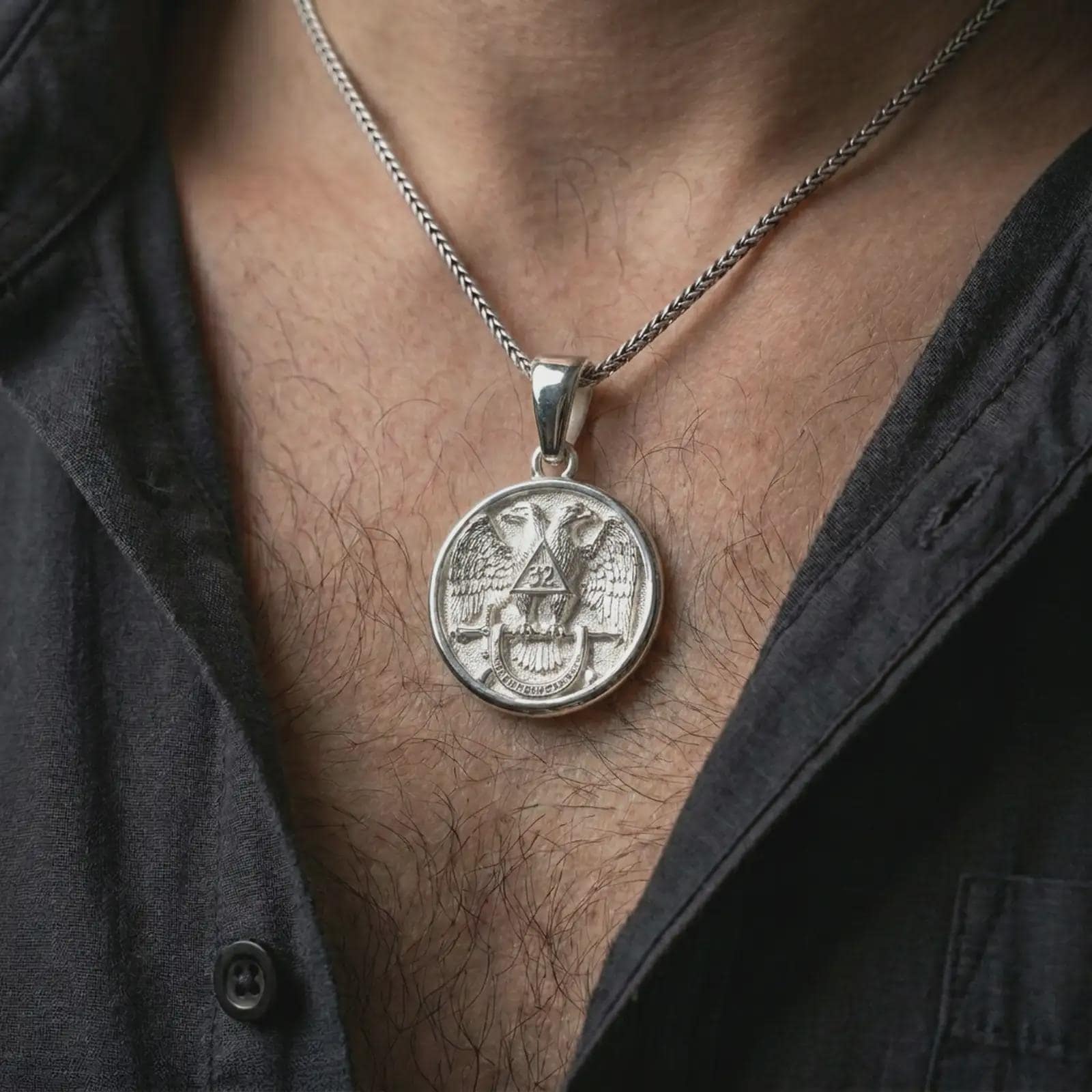 Polished silver Masonic double headed eagle pendant necklace worn on the chest, masculine lifestyle shot highlighting the eagle wings, triangle emblem, motto banner, and bright silver finish.