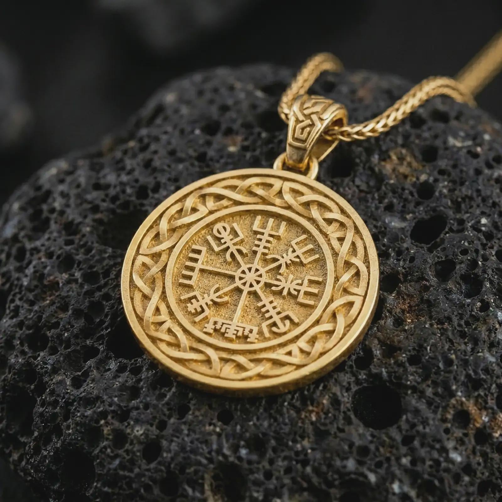 Gold plated Vegvisir Viking compass pendant necklace on textured volcanic rock, premium close-up studio composition emphasizing the Norse compass symbol, circular medallion, and woven Celtic border.