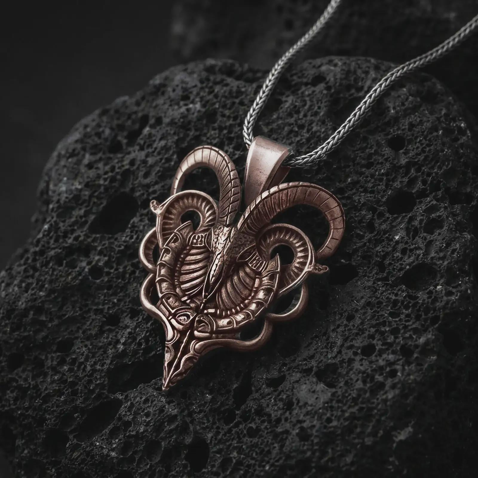 Bronze biomechanical ram skull pendant necklace on textured volcanic rock, close-up studio shot highlighting the curved horns, skeletal ram face, cyber gothic details, and antique silver contrast.