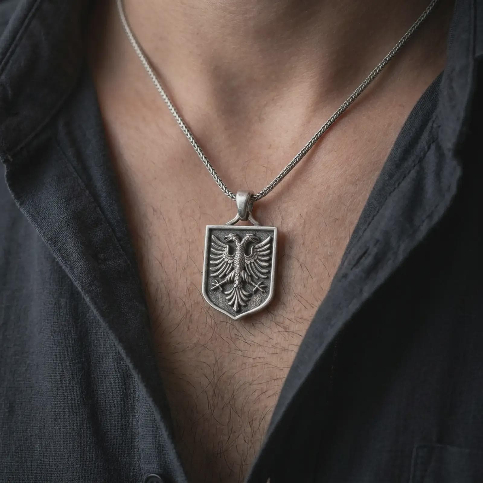 Oxidized double-headed eagle shield pendant necklace worn on the chest, close-up lifestyle jewelry photo showing the Albanian eagle crest on a spiga chain with dark clothing.