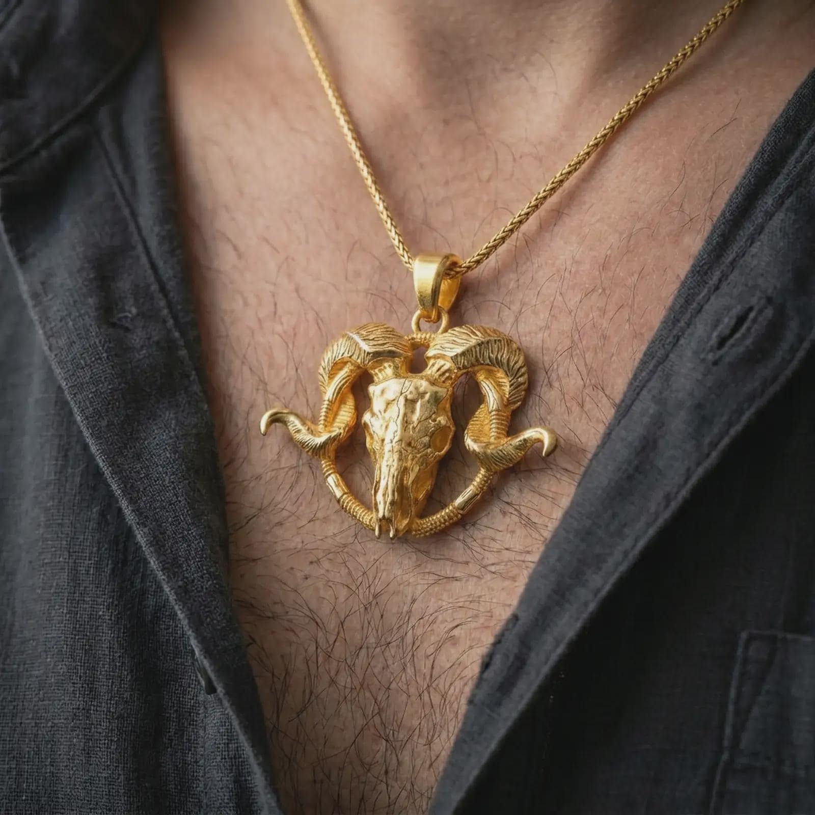 Gold plated ram skull pendant necklace worn on the chest, premium lifestyle jewelry photo with the Viking-inspired ram skull pendant centered on a spiga chain.