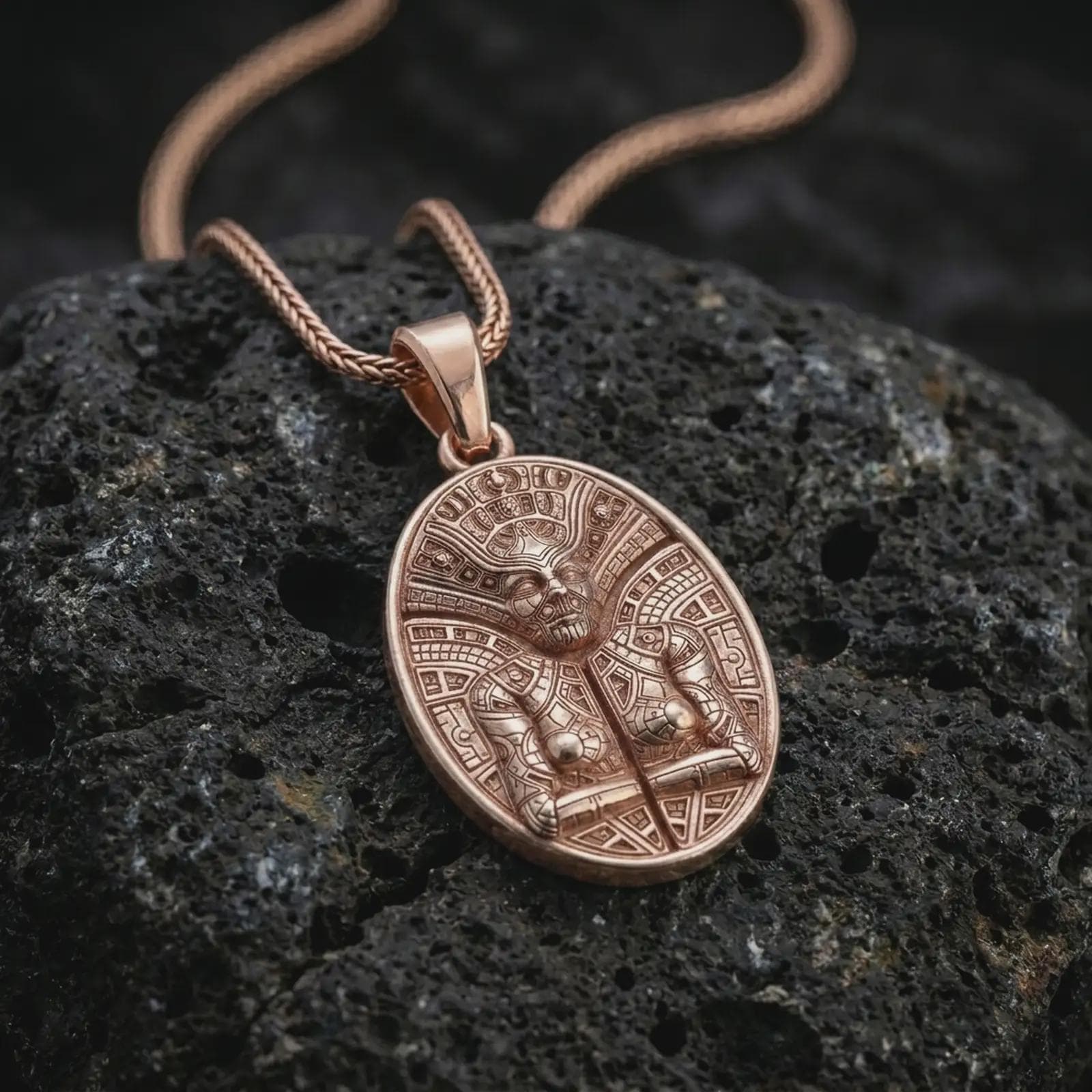 A rose gold plated Aztec mask pendant is photographed on porous volcanic rock in a close-up studio composition with bold historical detail and luxury lighting.