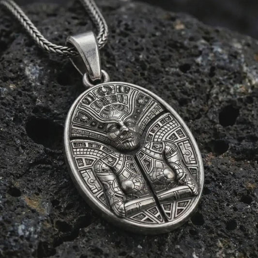 An oxidized Aztec mask pendant rests on dark volcanic rock in a macro studio close-up, showing an ancient warrior face with detailed tribal patterns.