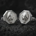 Load image into Gallery viewer, Polished silver gorilla cufflinks on textured volcanic rock, centered macro jewelry photo with detailed primate face sculpting and bright silver highlights.
