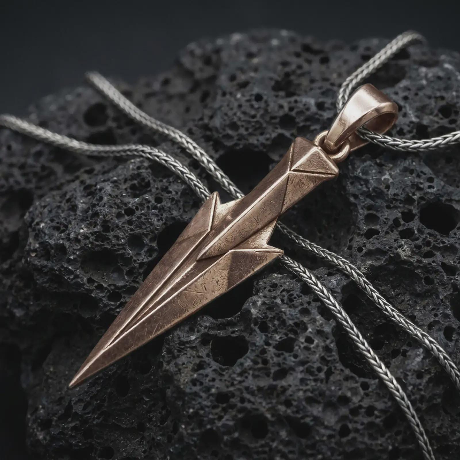 A bronze Gungnir pendant rests on dark volcanic rock in a macro studio close-up, showing Odin’s spear in a sharp geometric Norse design.