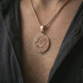 Load image into Gallery viewer, Rose gold plated Masonic square and compass pendant necklace worn on the chest, close-up lifestyle shot featuring the ornate Masonic design with warm rose gold tones.
