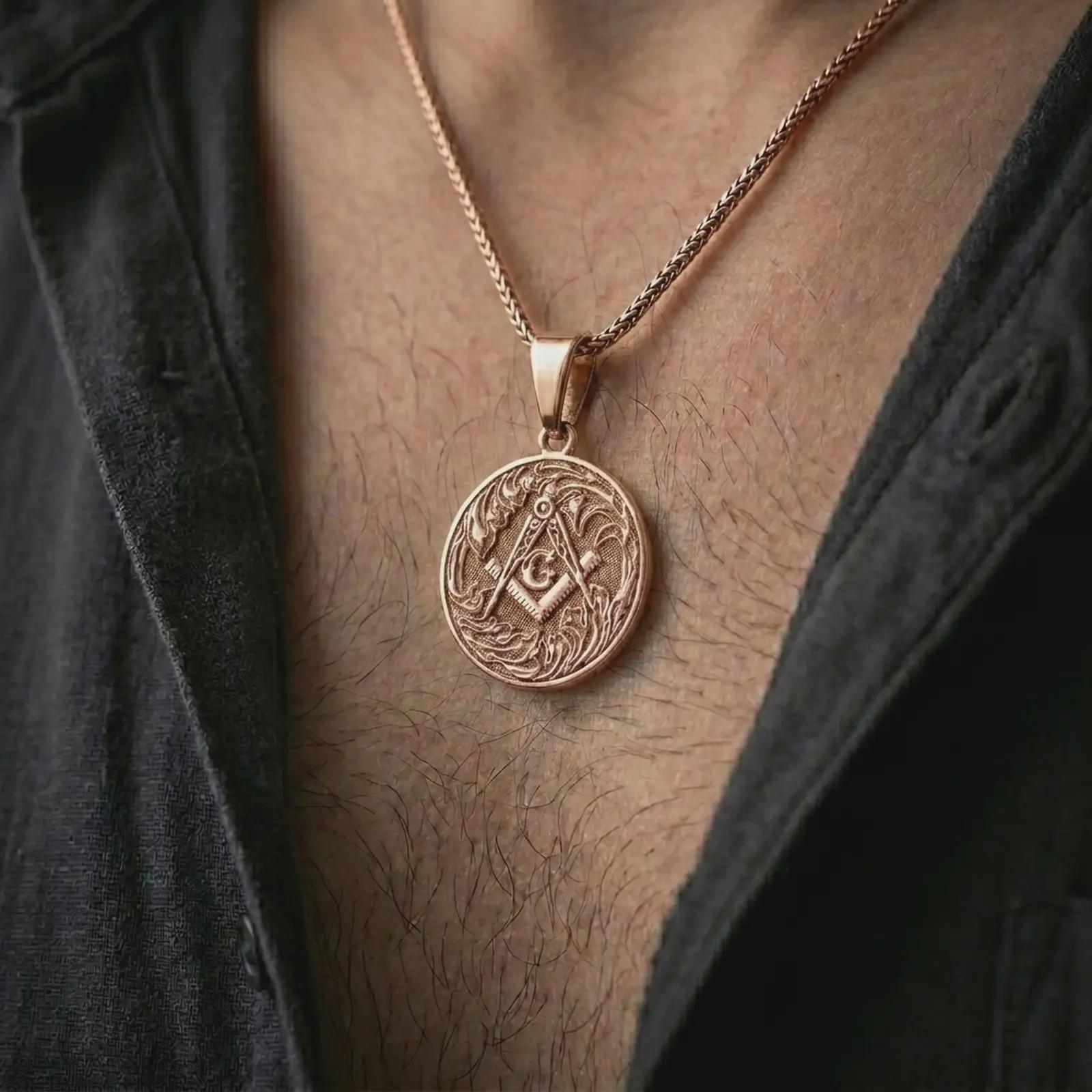 Rose gold plated Masonic square and compass pendant necklace worn on the chest, close-up lifestyle shot featuring the ornate Masonic design with warm rose gold tones.