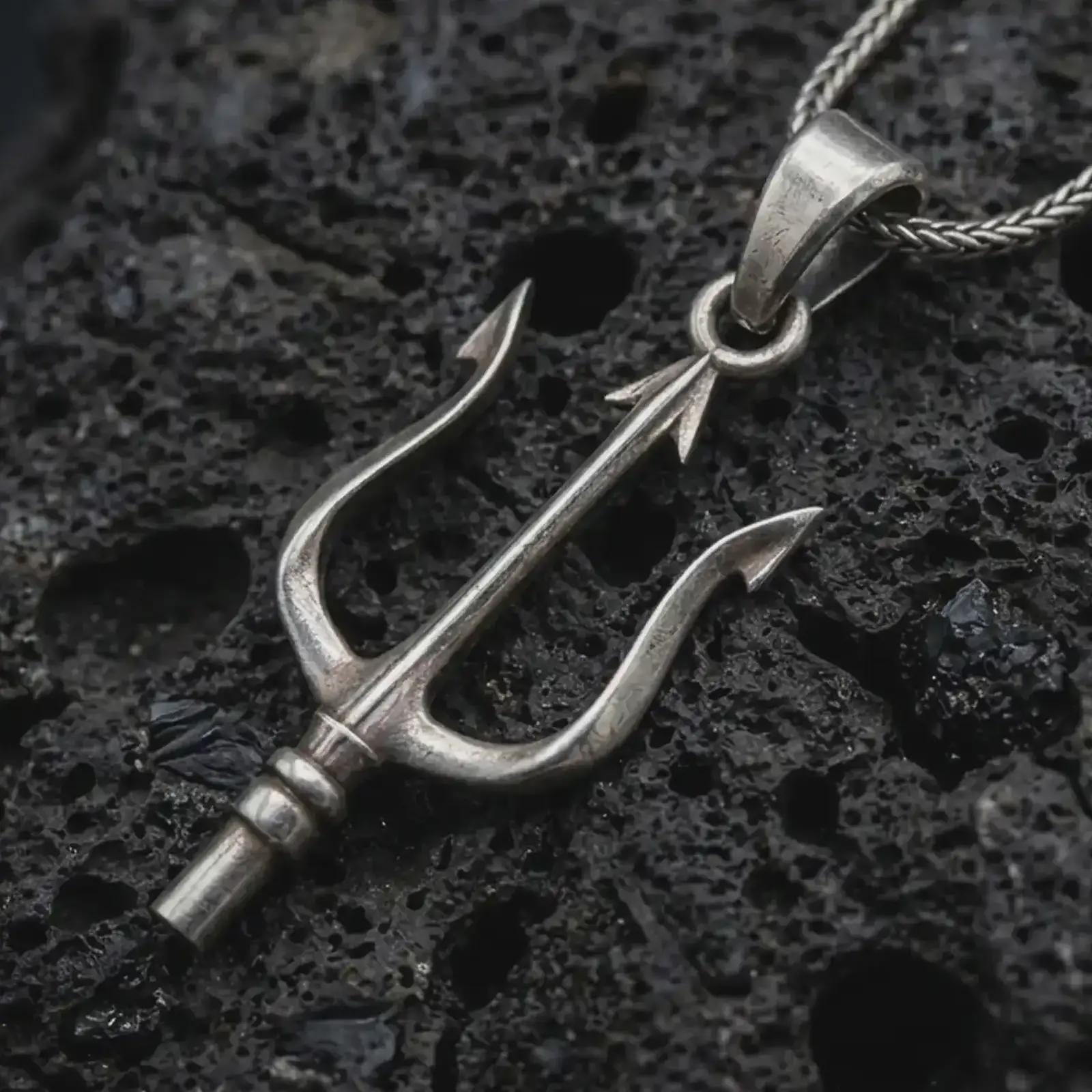 Oxidized Poseidon trident pendant necklace on textured volcanic rock, close-up studio shot highlighting the three-prong spear, sharp tips, mythological form, and antique silver contrast.