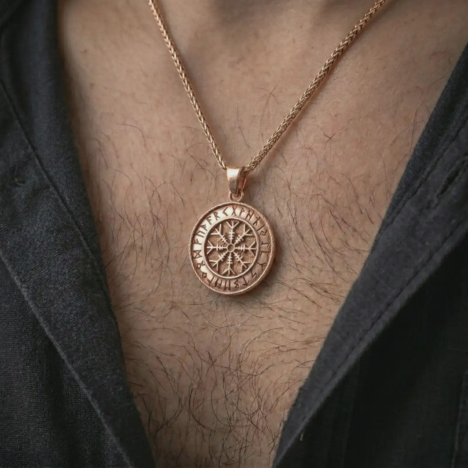 Rose gold plated Vegvisir Viking rune pendant necklace worn on the chest, close-up lifestyle shot featuring the Vegvisir rune design with warm rose gold tones.