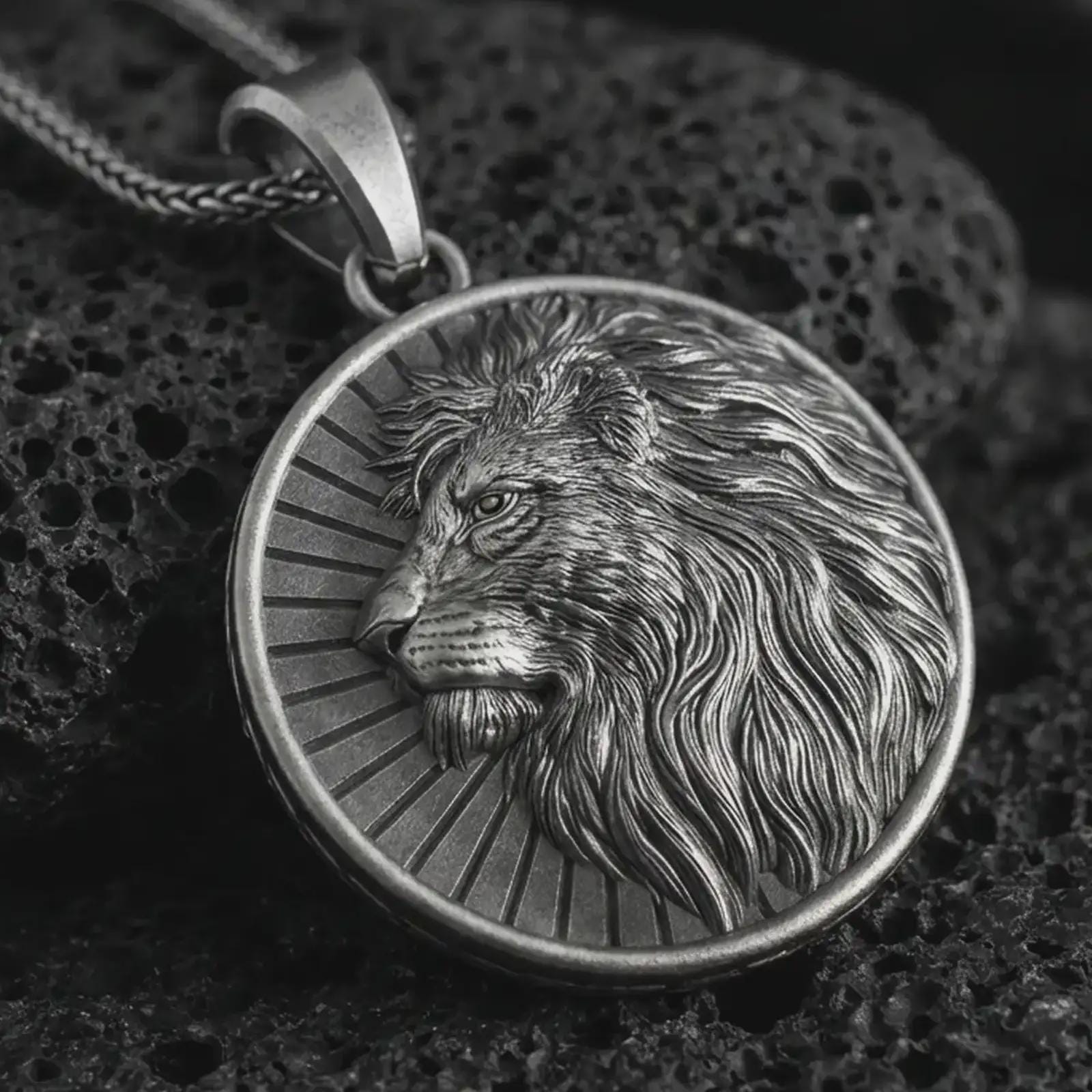 Oxidized Lion of Judah pendant necklace on textured volcanic rock, close-up studio shot highlighting the lion profile, flowing mane, sunburst background, and antique silver contrast.