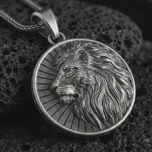 Oxidized Lion of Judah pendant necklace on textured volcanic rock, close-up studio shot highlighting the lion profile, flowing mane, sunburst background, and antique silver contrast.