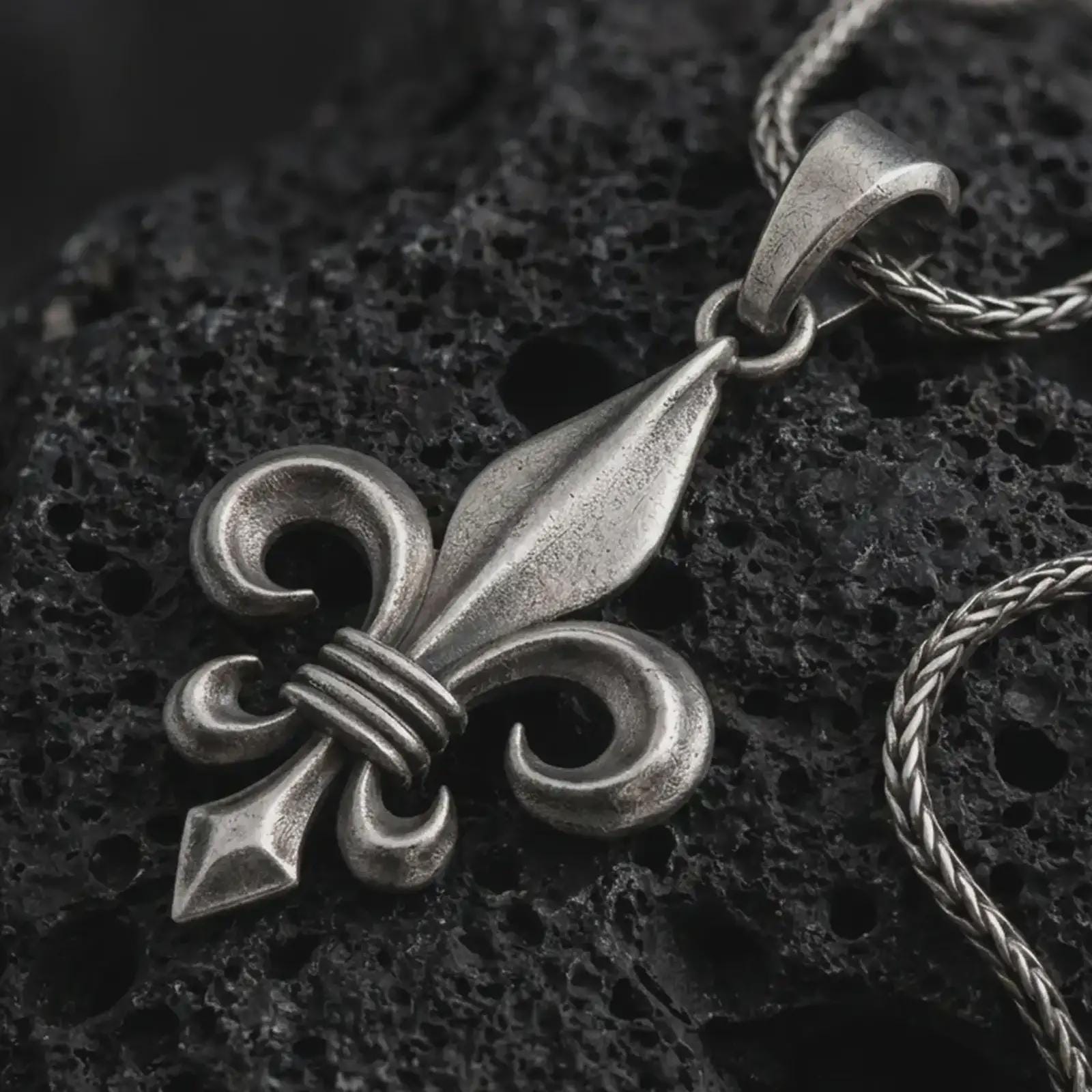 Oxidized fleur-de-lis pendant necklace on textured volcanic rock, close-up studio shot highlighting the royal lily shape, curled heraldic arms, sculpted center blade, and antique silver contrast.