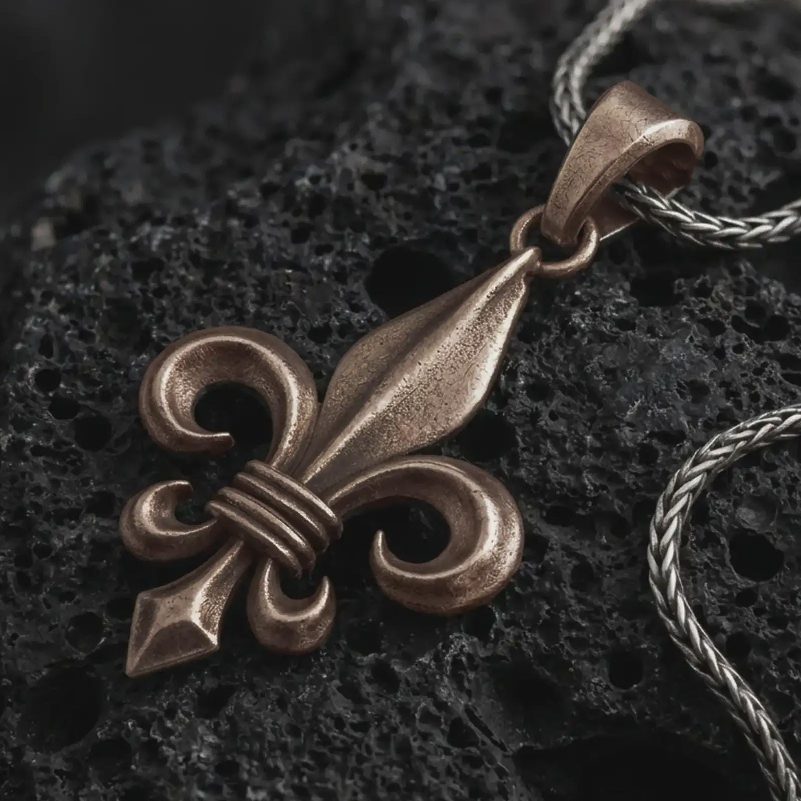 Bronze fleur-de-lis pendant necklace on textured volcanic rock, close-up studio shot highlighting the royal lily shape, curled heraldic arms, sculpted center blade, and antique silver contrast.