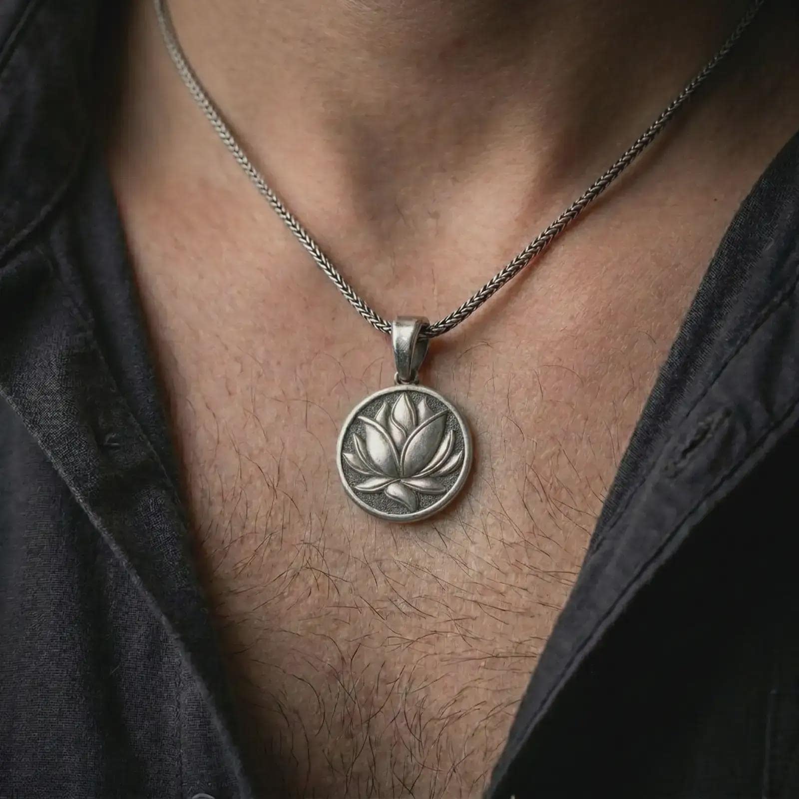 Oxidized lotus flower pendant necklace worn on the chest, close-up lifestyle jewelry photo showing the spiritual lotus medallion on a spiga chain with dark clothing.
