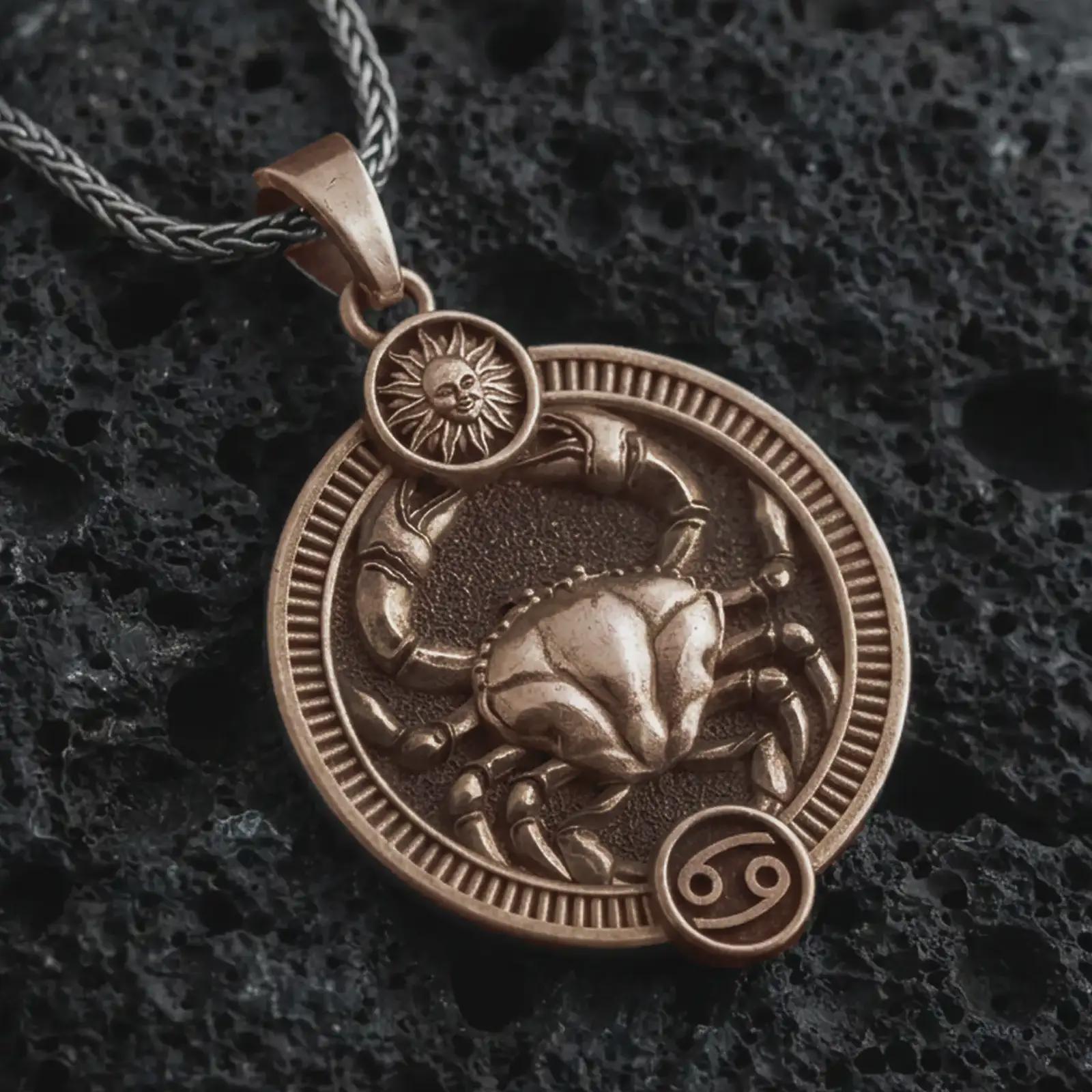 Bronze Cancer zodiac pendant necklace on textured volcanic rock, close-up studio shot highlighting the crab relief, sun detail, Cancer symbol, and antique silver contrast.