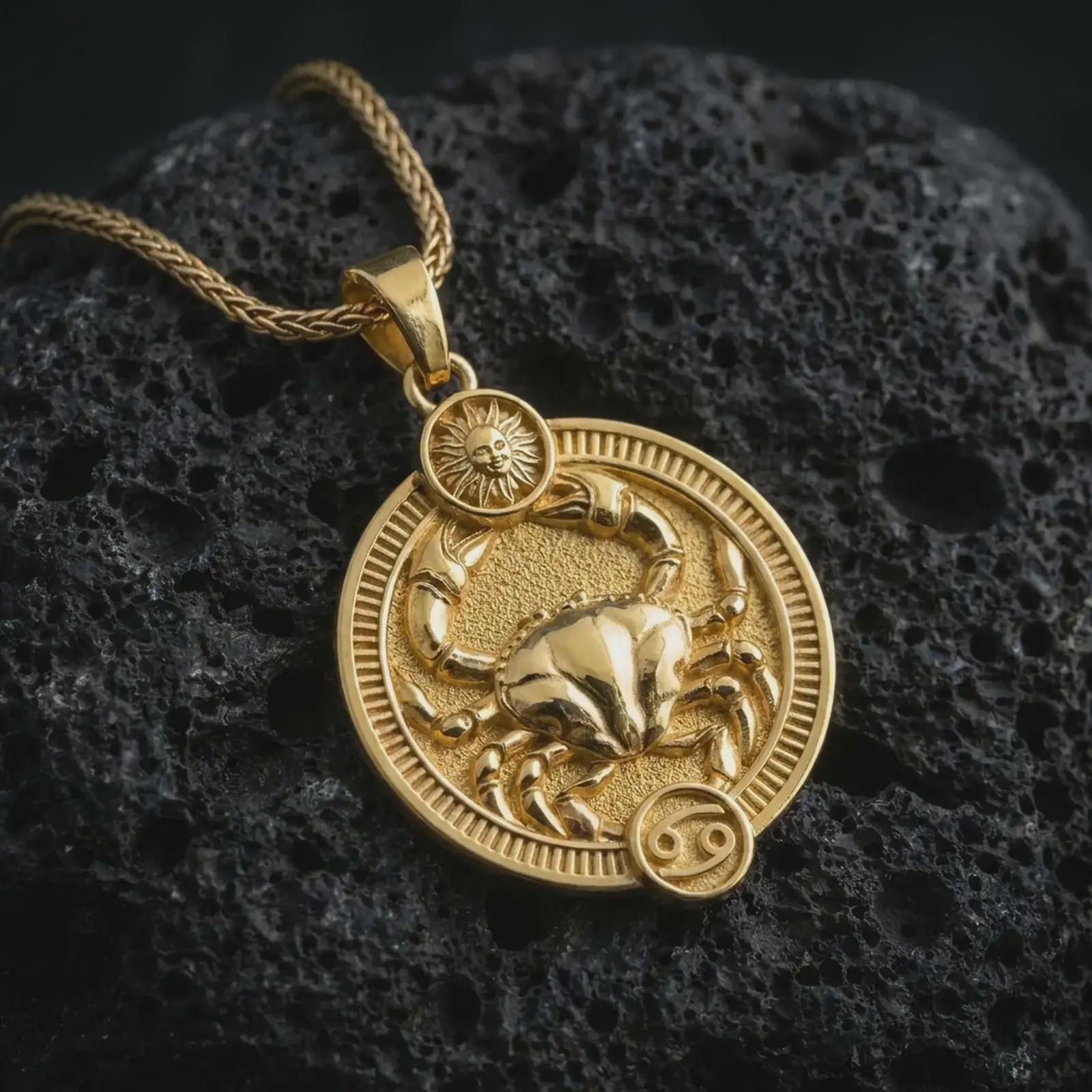 Gold plated Cancer zodiac pendant necklace on textured volcanic rock, premium close-up studio composition emphasizing the crab figure, sun motif, and astrology medallion design.
