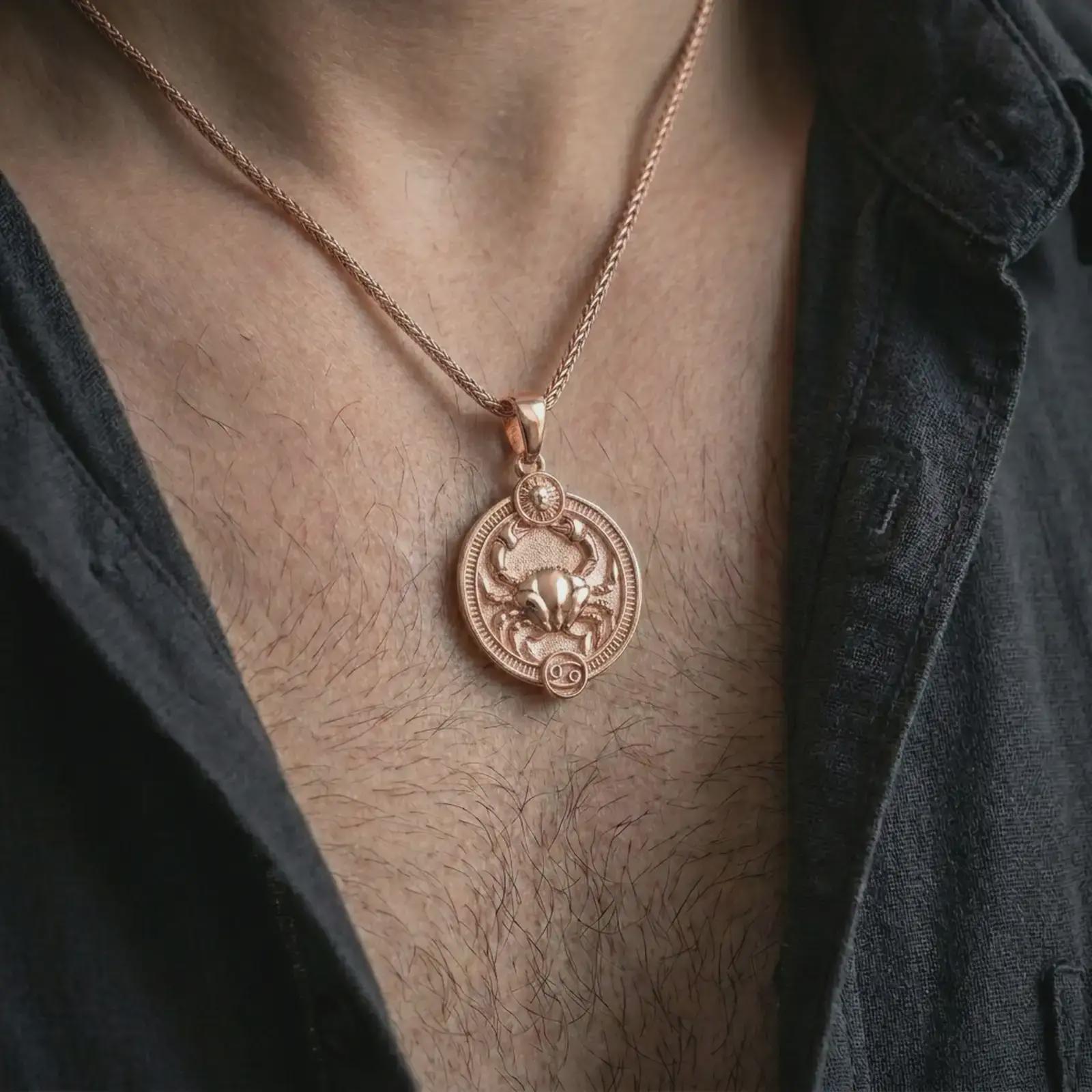 Rose gold plated Cancer zodiac pendant necklace worn on the chest, close-up lifestyle shot featuring the protective Cancer zodiac design with warm rose gold tones.