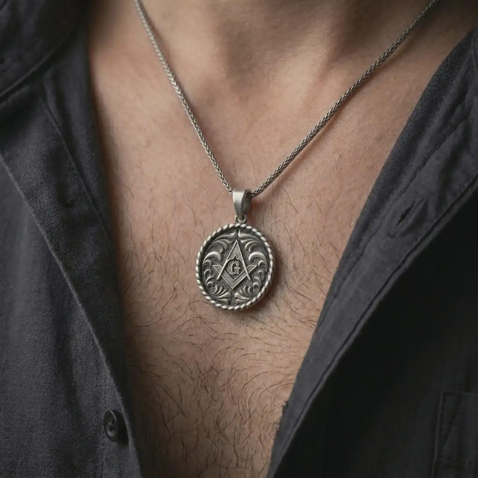 Oxidized Masonic pendant necklace worn on the chest, close-up lifestyle jewelry photo showing the square and compass medallion on a spiga chain with dark clothing.