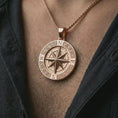 Load image into Gallery viewer, Rose gold plated Greek compass pendant necklace worn on the chest, close-up lifestyle shot featuring the Greek compass design with warm rose gold tones.
