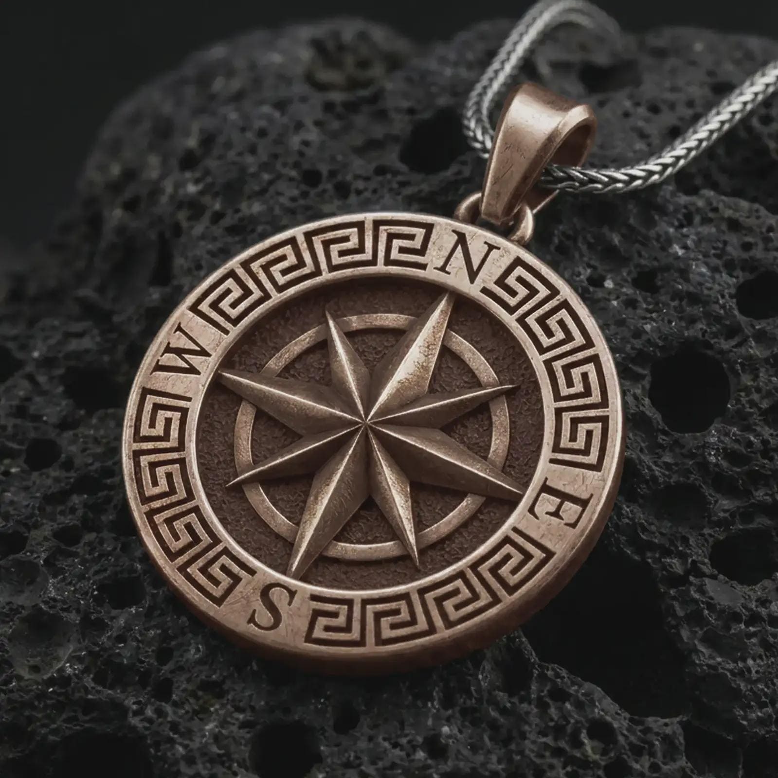 Bronze Greek compass pendant necklace on textured volcanic rock, close-up studio shot highlighting the raised compass rose, north south letters, Greek key border, and antique silver contrast.